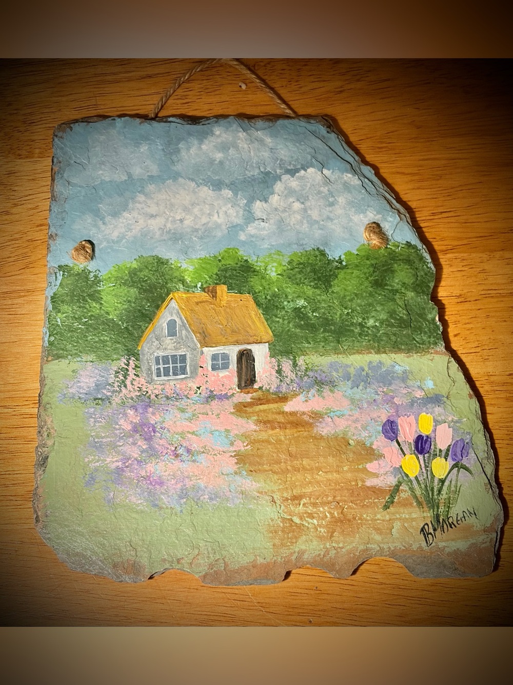 Hand-Painted Cottage Slate Plaque with Floral Meadow
